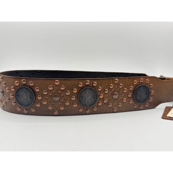 Vintage Leather Belt With Faux Coin and Studs Decor By Linea Pelle Boho Tan main image 4